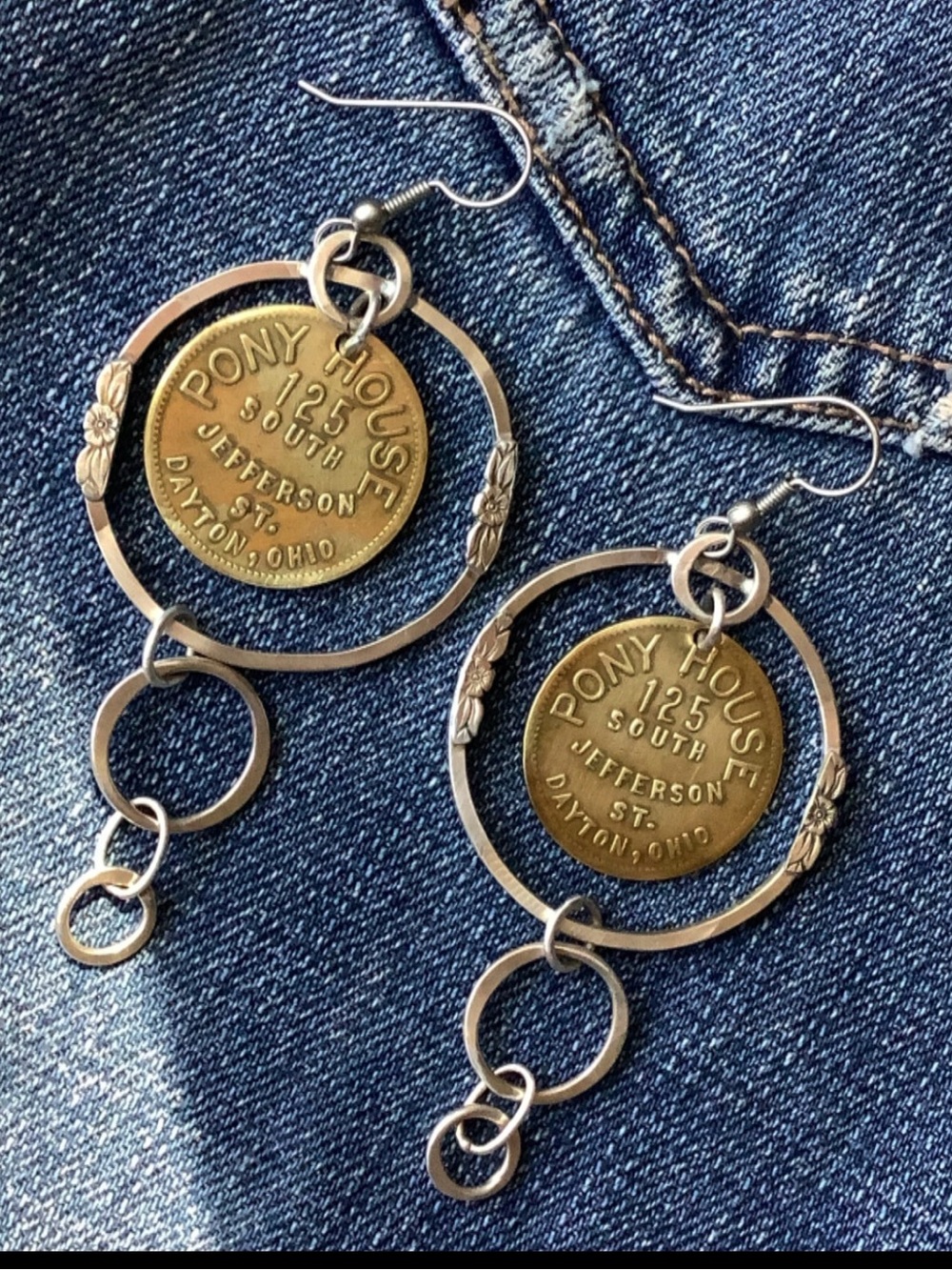 Sterling Hoop Earrings with Antique Brass Token